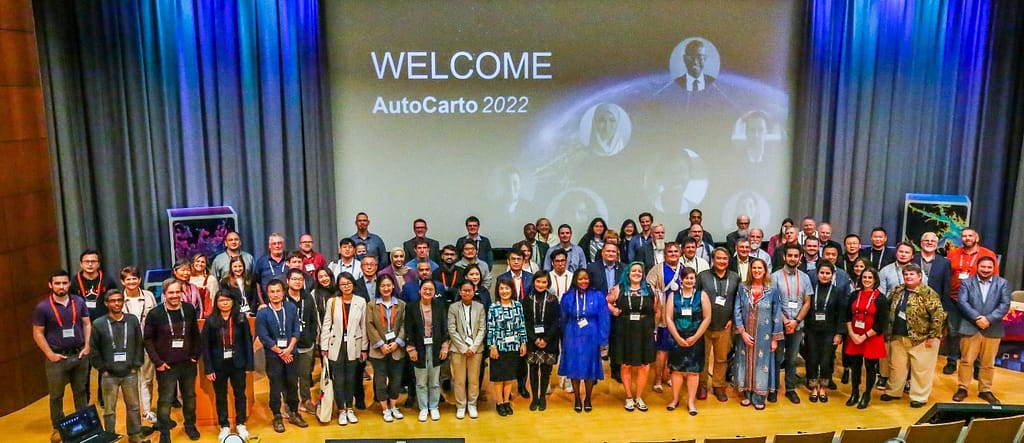 AutoCarto 2022 on-site participants in the Esri Auditorium on the Redlands campus.